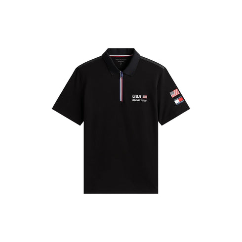 Polo Uomo a tinta unita, con mezza zip e bandiere applicate sulla manica